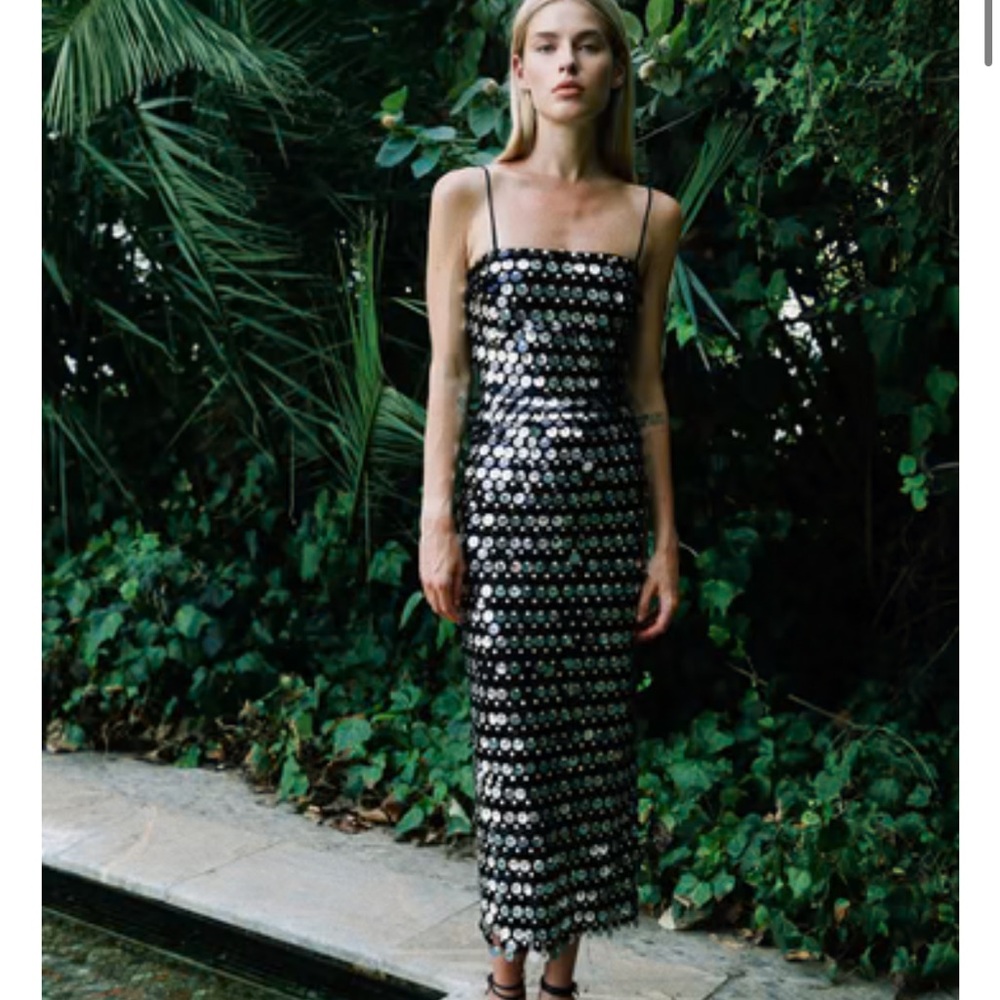 Silver and Black Sequin Sheath Midi Dress